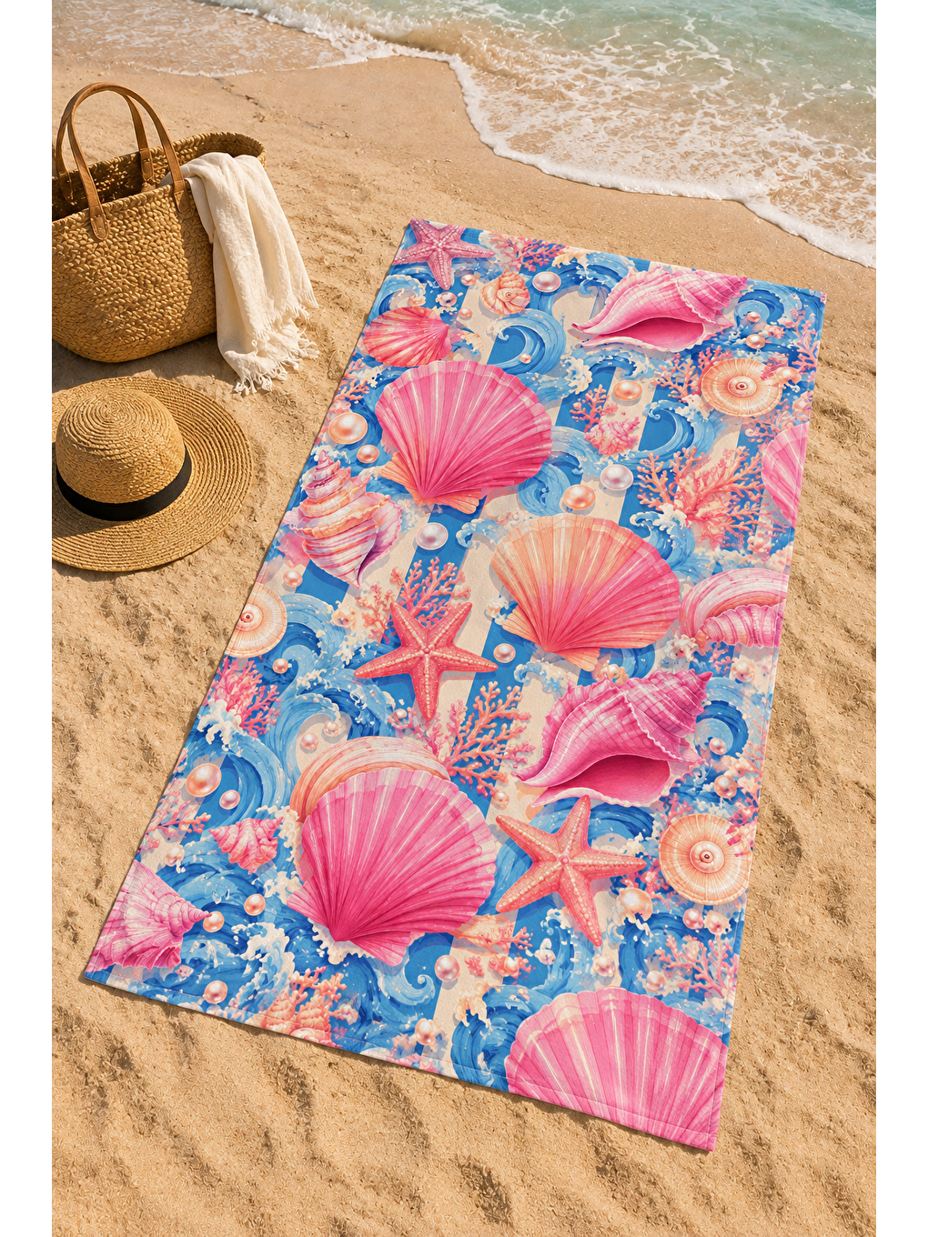 Turuncu Pembe Deniz Kabuğu Kolaj Desenli 70x150 Plaj Havlusu-2