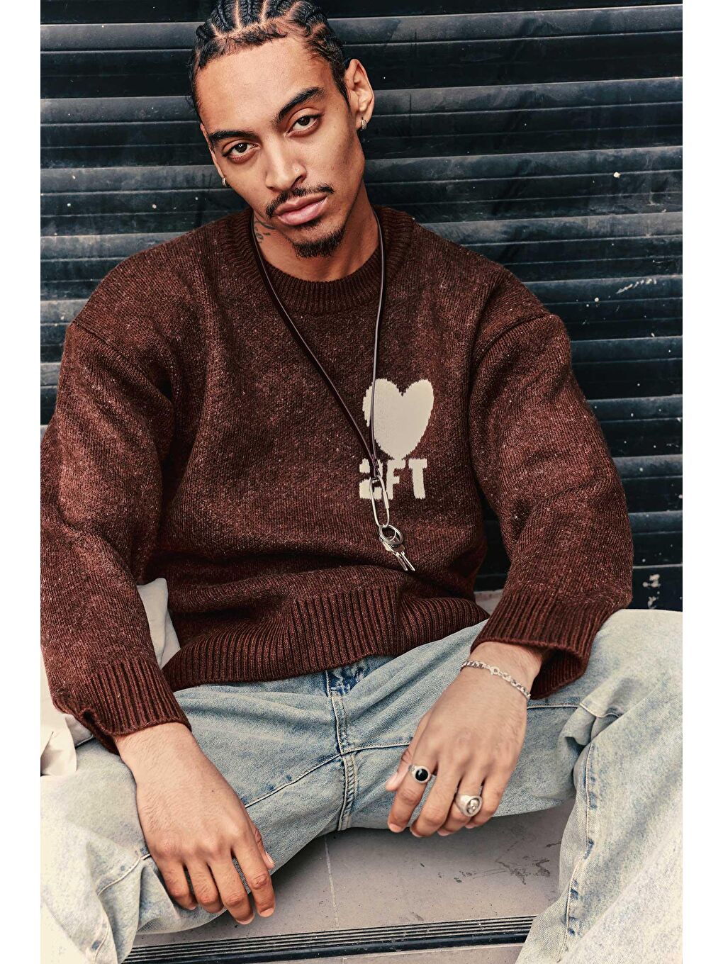 Erkek Desenli Oversize Triko Kazak Kahverengi-1