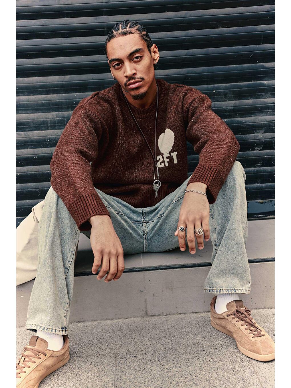 Erkek Desenli Oversize Triko Kazak Kahverengi-2