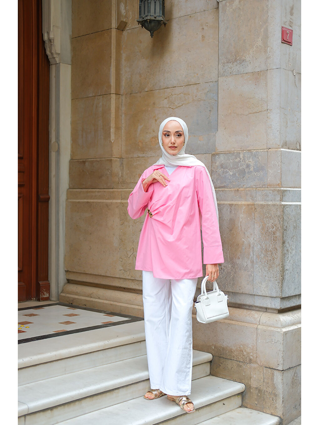 Kadın Broş Detay Poplin Gömlek Pembe-1