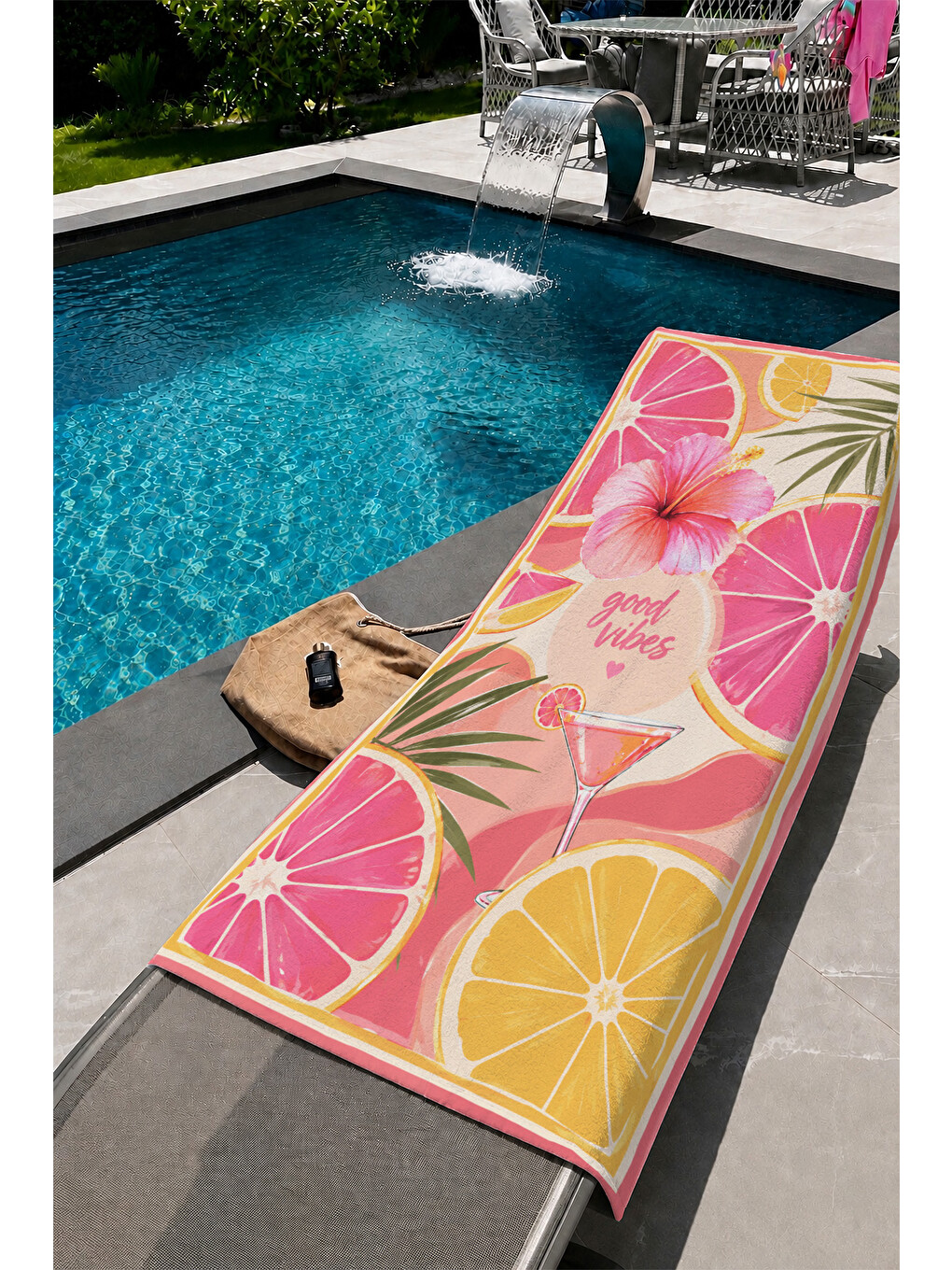 Pembe Greyfurt Ve Hibiskus Desenli 70x150 Plaj Havlusu-1