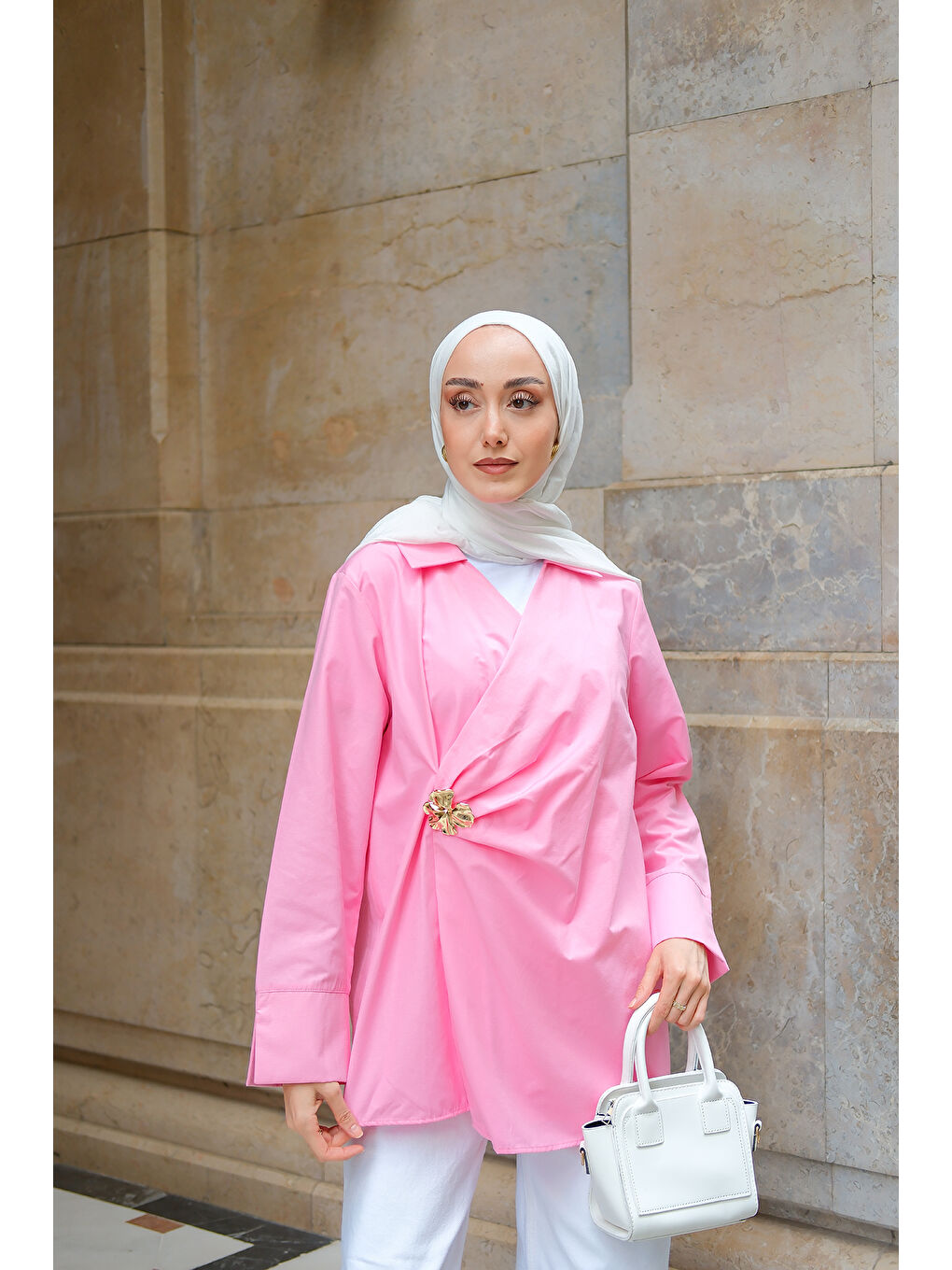 Kadın Broş Detay Poplin Gömlek Pembe-3