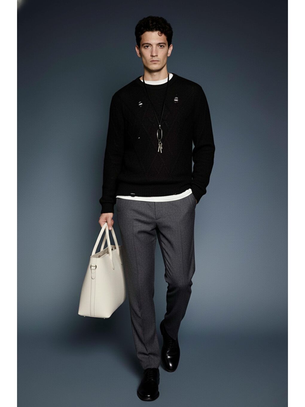 Erkek Oversize Desenli Triko Kazak Siyah-1