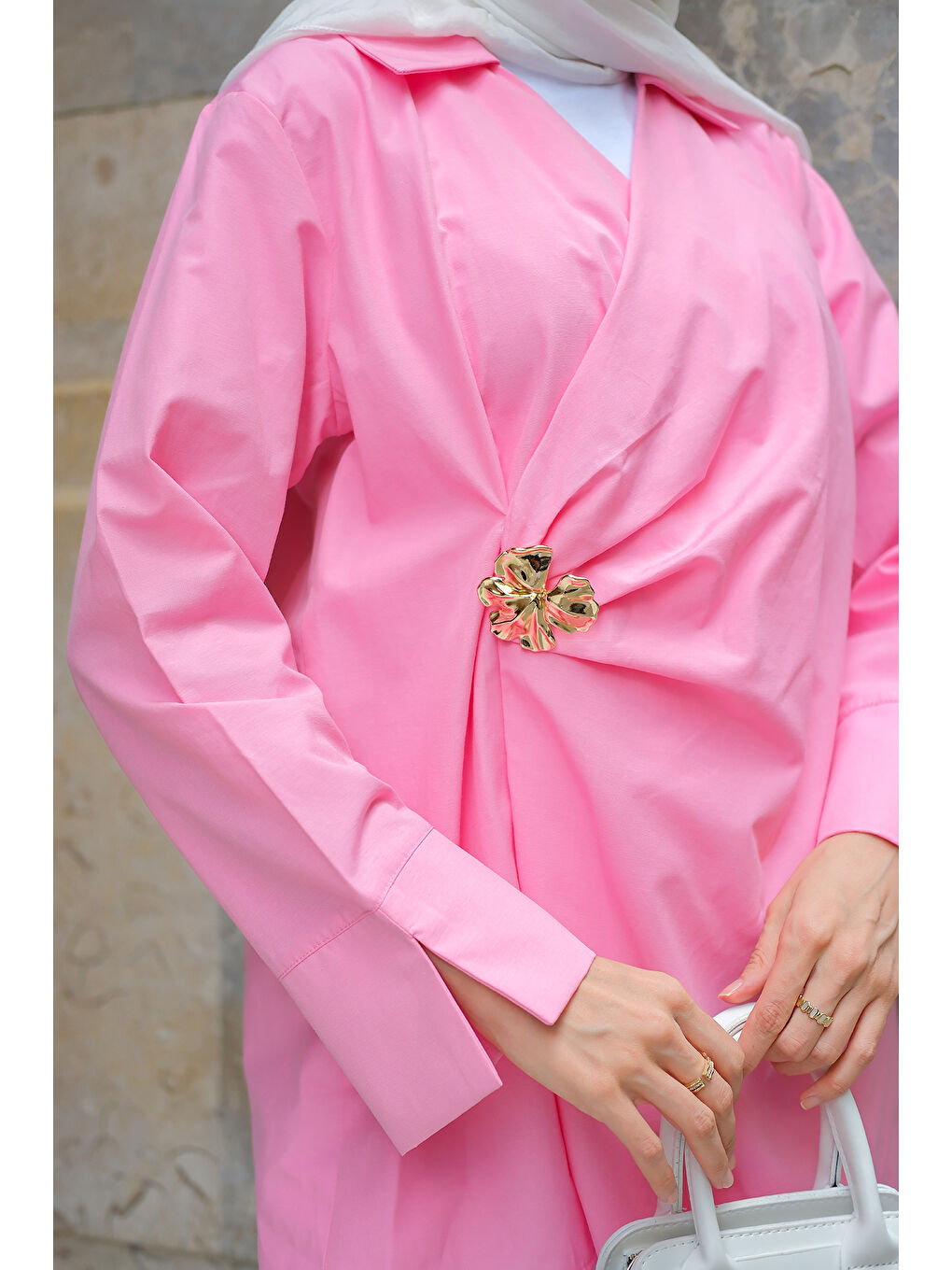 Kadın Broş Detay Poplin Gömlek Pembe-4