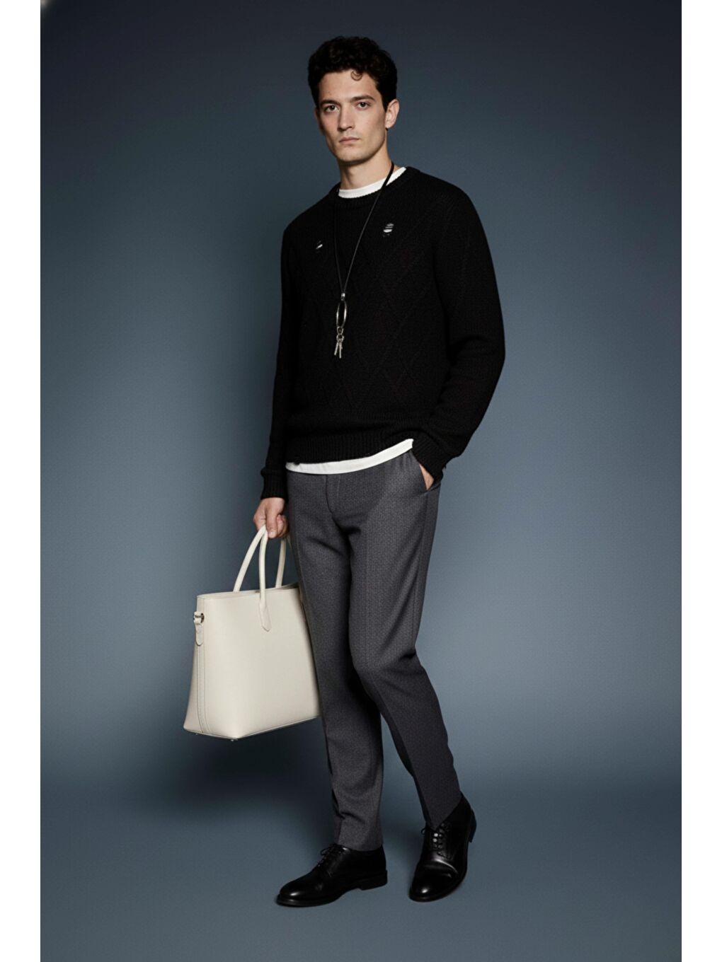 Erkek Oversize Desenli Triko Kazak Siyah-2