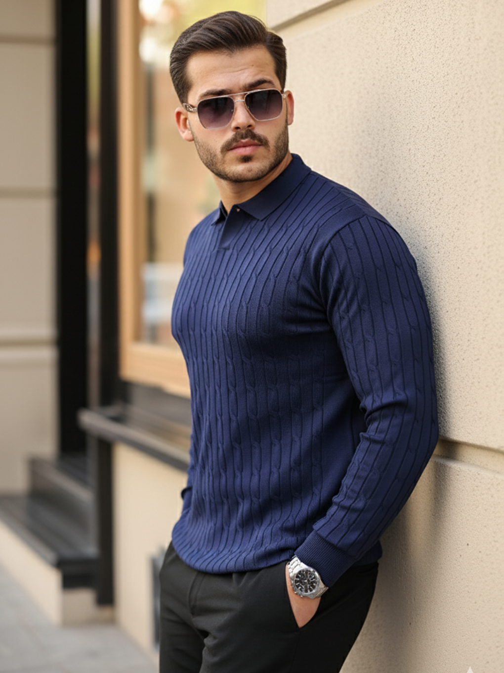 Lacivert Erkek Saç Örgü Desen Uzun Kollu Triko-2