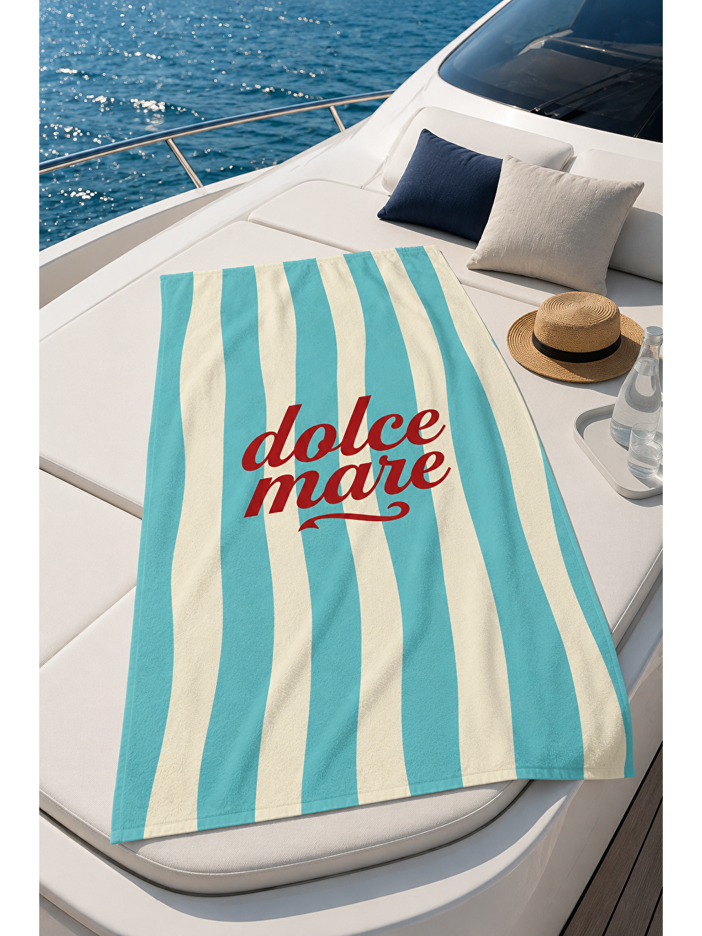 Sarı Mint Şerit Deniz Esintisi Yazı Desenli 70x150 Plaj Havlusu-3