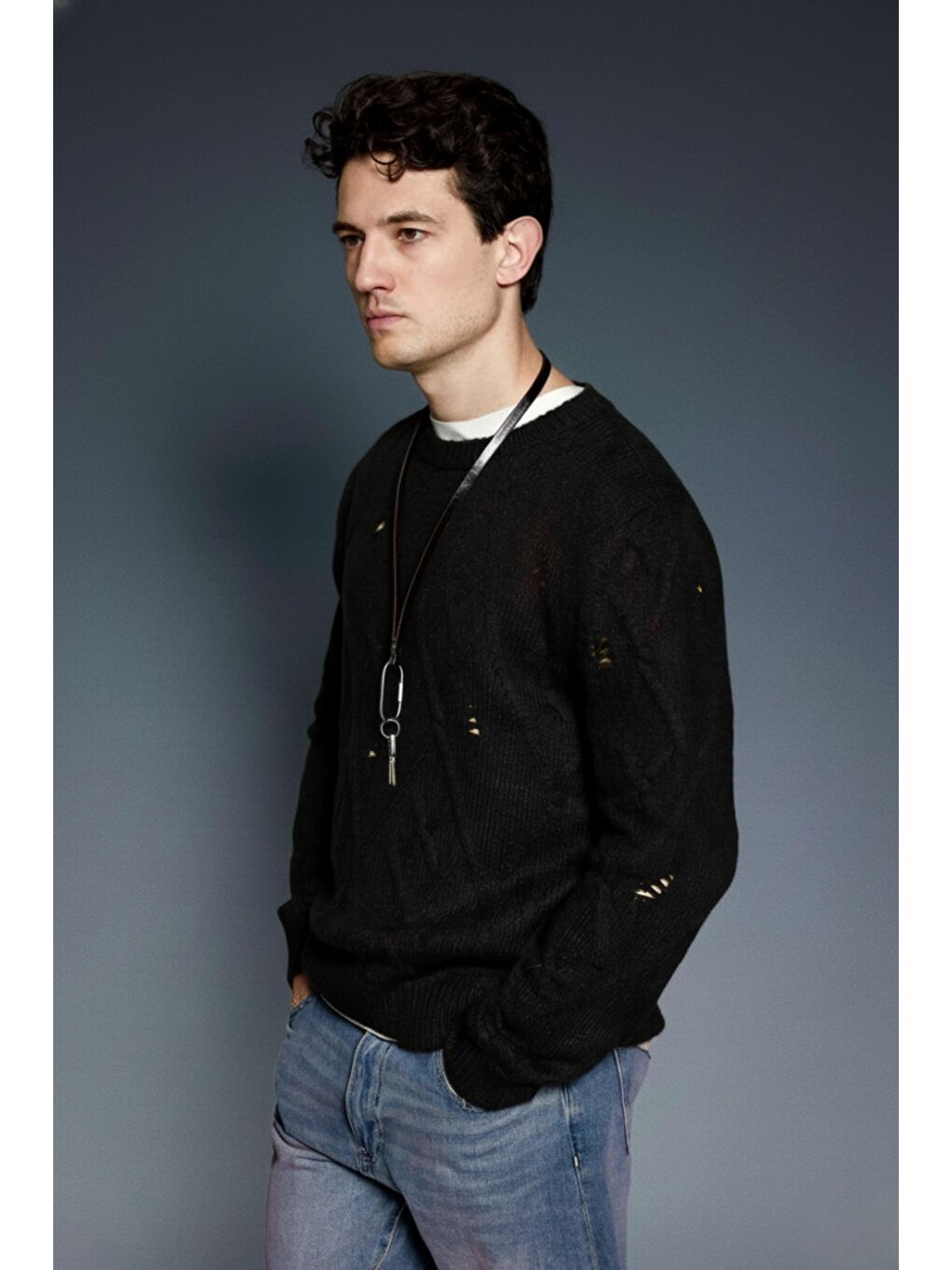 Erkek Oversize Desenli Triko Kazak Siyah-3