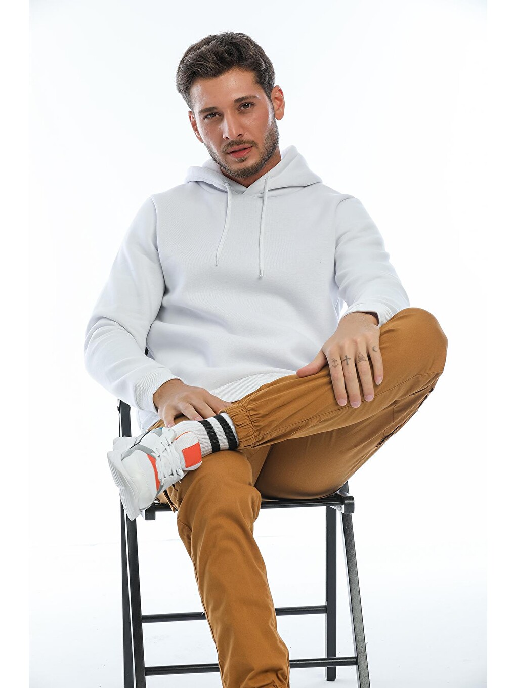 Beyaz Kapüşonlu Basic Geniş Kesim Erkek İçi Polarlı Sweatshirt-1