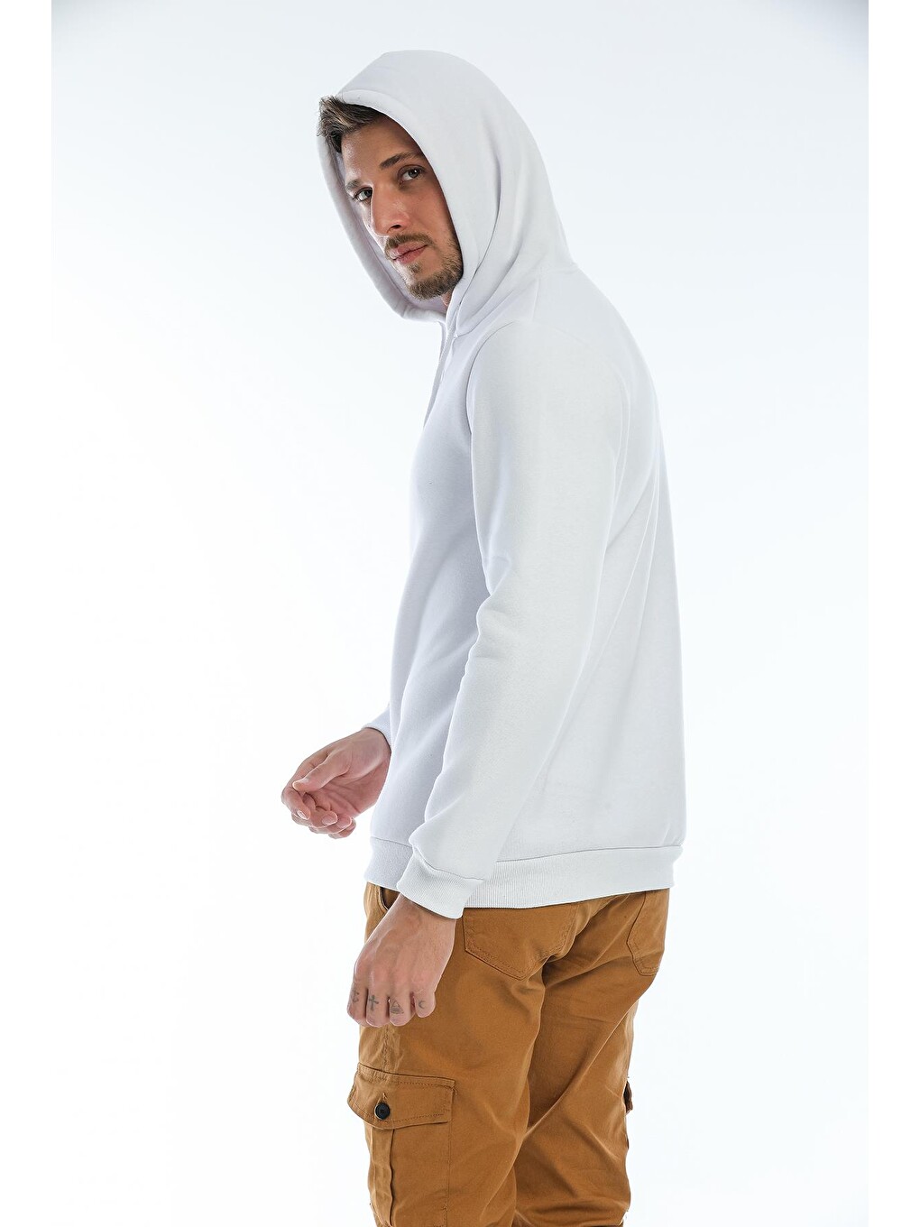 Beyaz Kapüşonlu Basic Geniş Kesim Erkek İçi Polarlı Sweatshirt-3