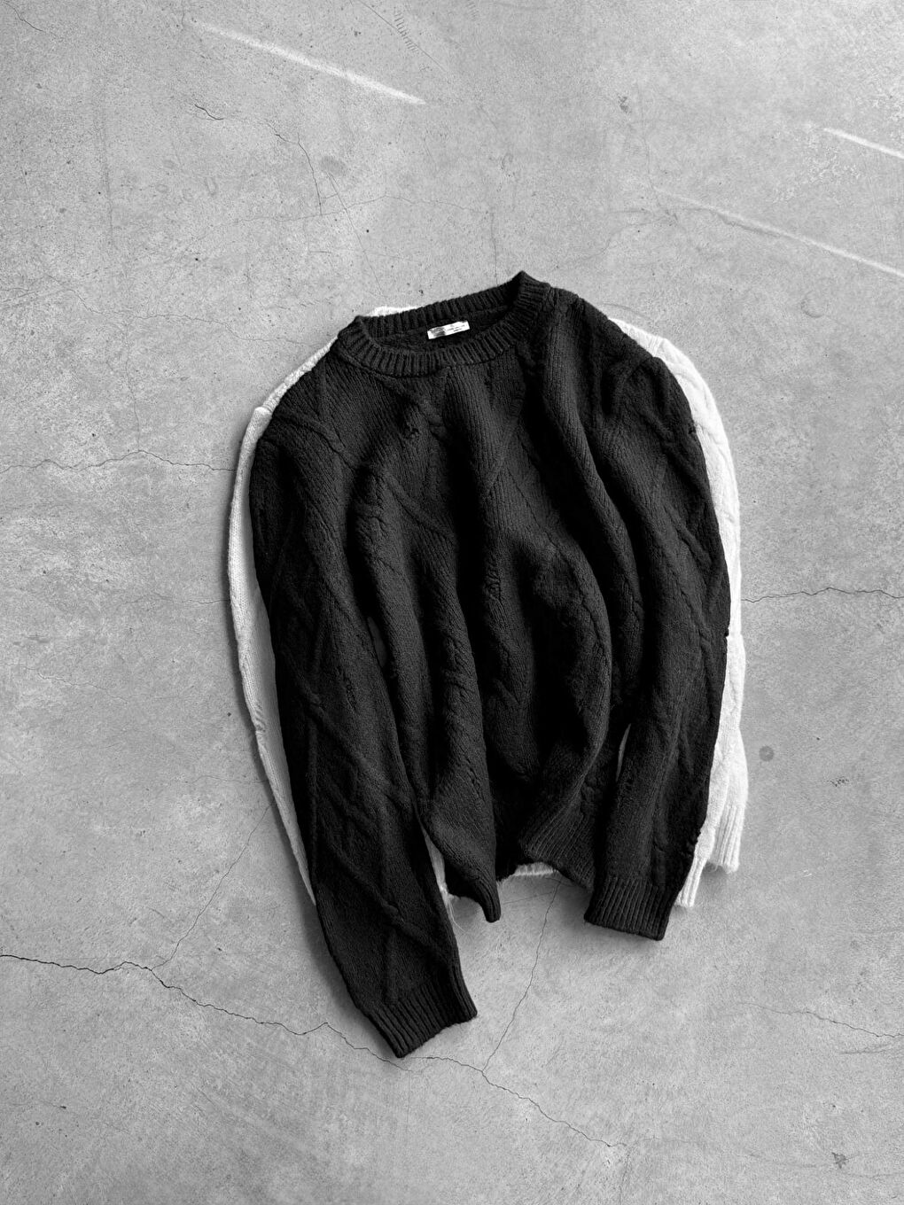 Erkek Oversize Desenli Triko Kazak Siyah-4