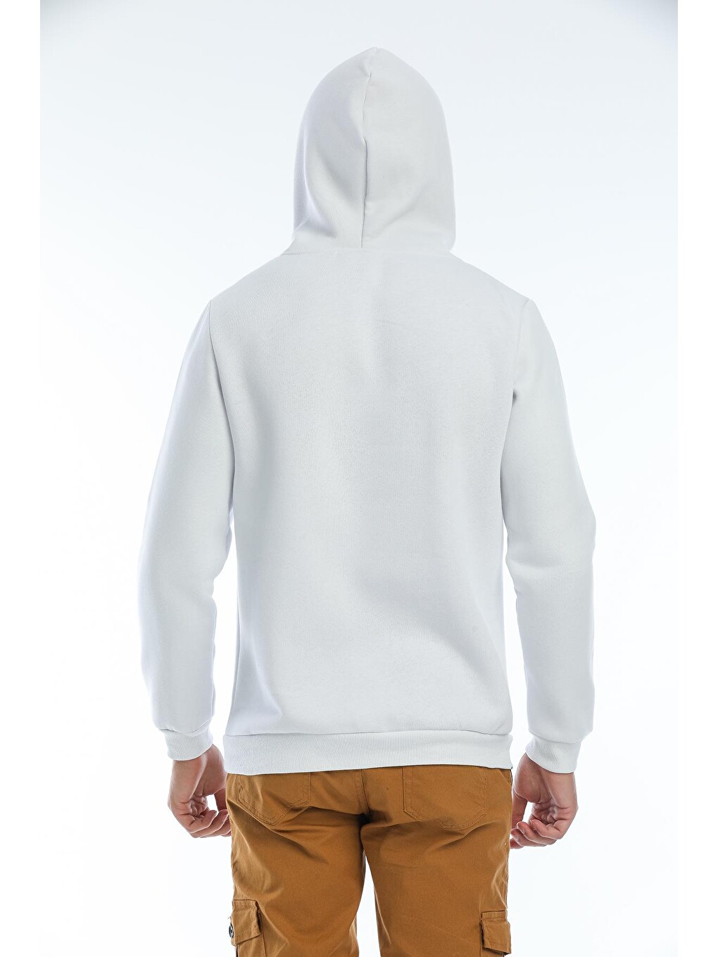 Beyaz Kapüşonlu Basic Geniş Kesim Erkek İçi Polarlı Sweatshirt-4