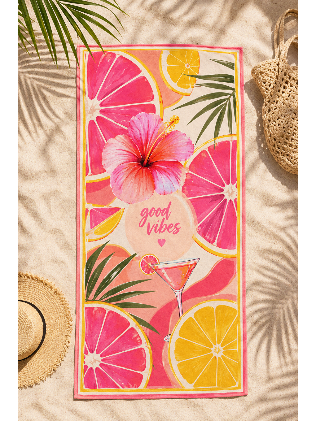 Pembe Greyfurt Ve Hibiskus Desenli 70x150 Plaj Havlusu-2