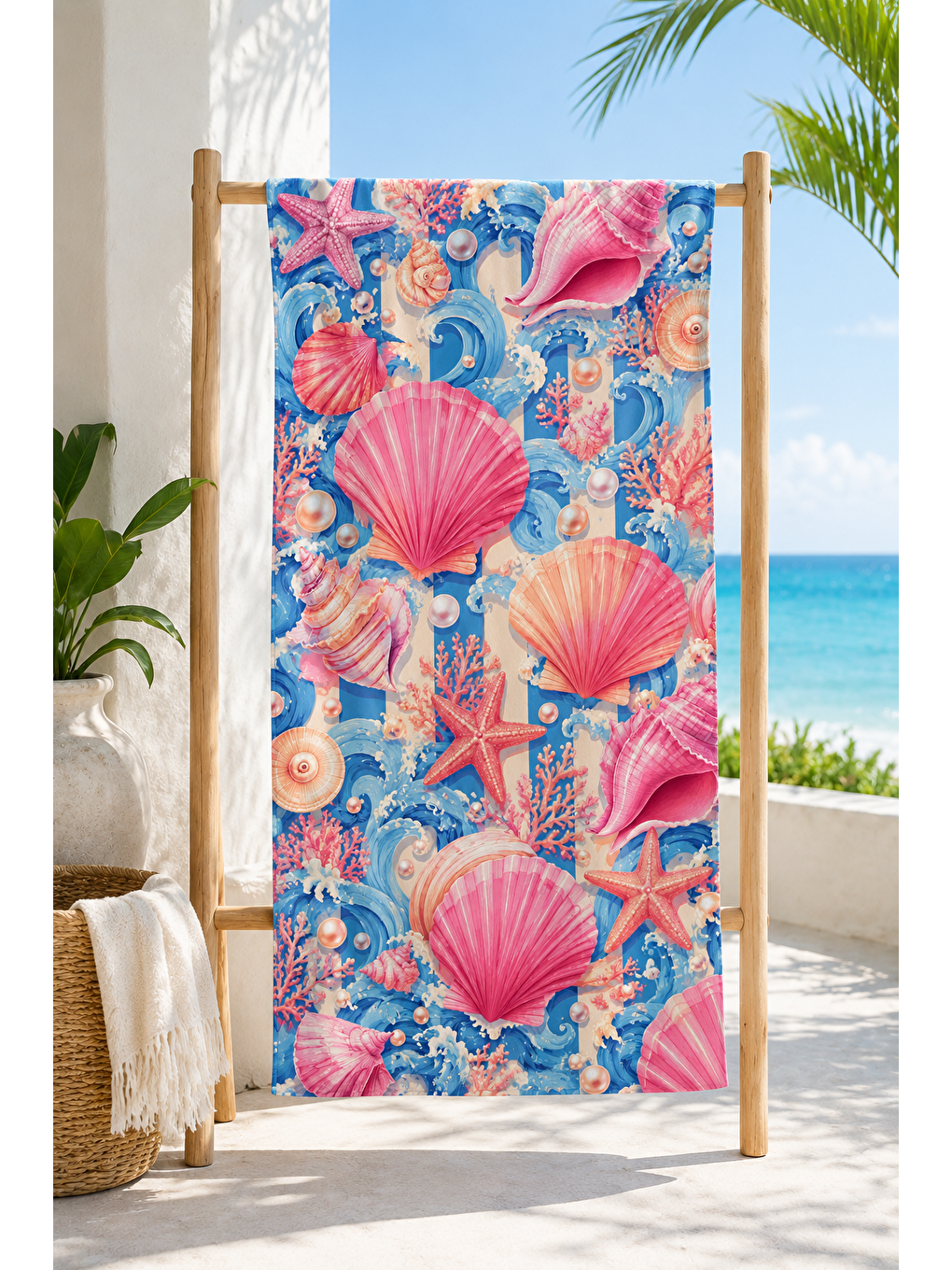 Turuncu Pembe Deniz Kabuğu Kolaj Desenli 70x150 Plaj Havlusu-5
