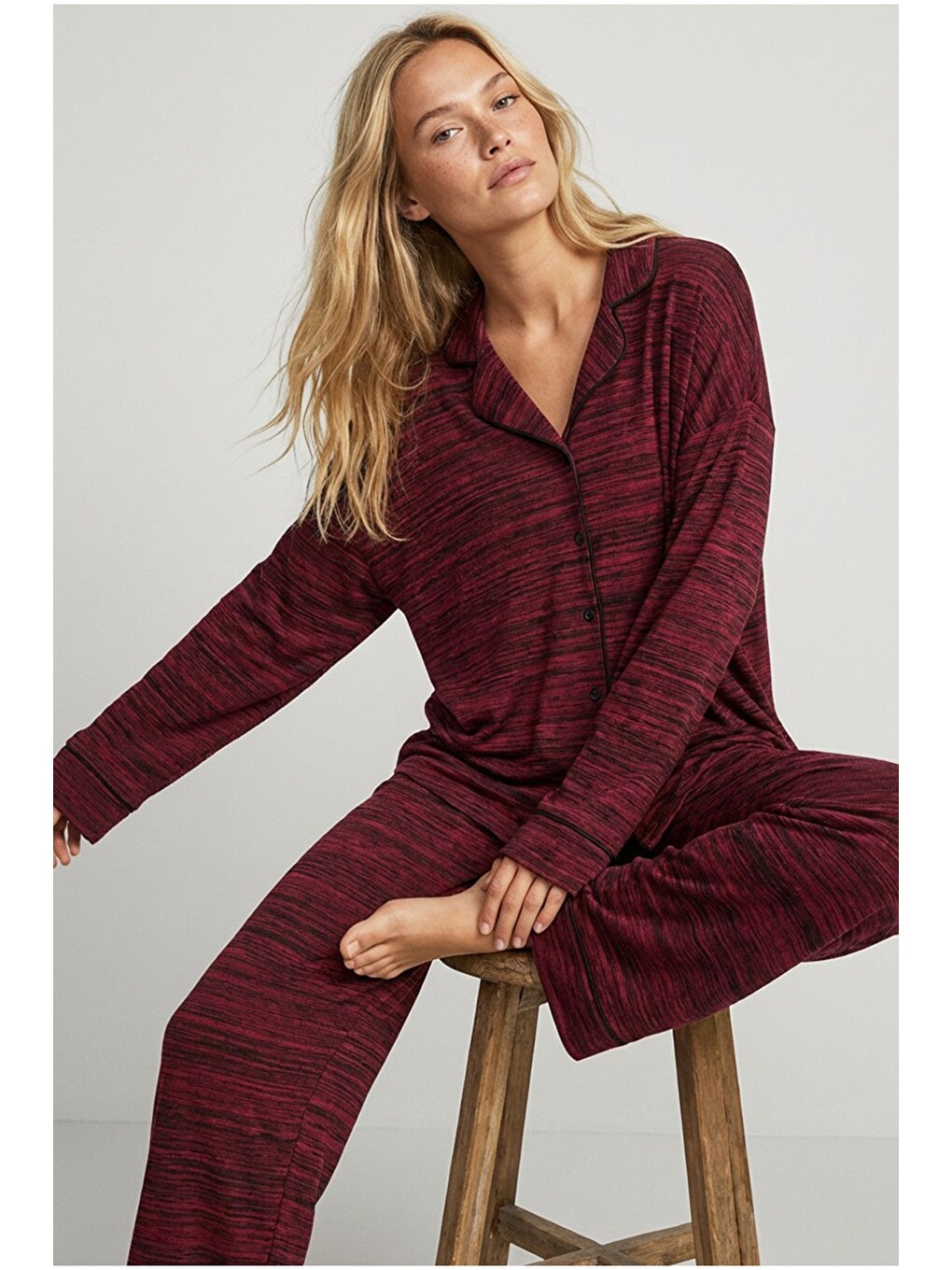 Bordo Karışık Renkli Yumuşak Dokulu Triko Kışlık Örme Düğmeli Pijama Takım7954-9