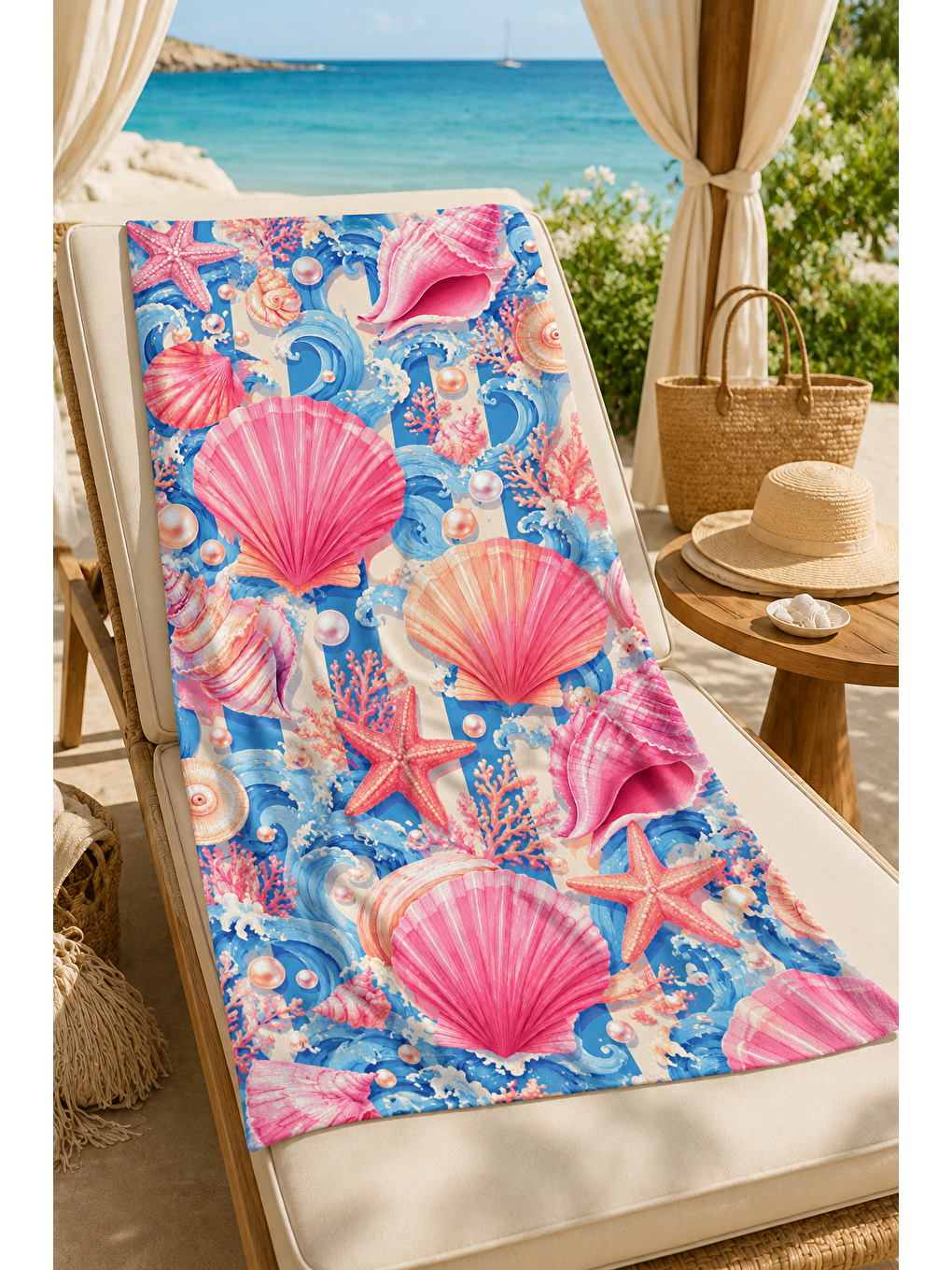 Turuncu Pembe Deniz Kabuğu Kolaj Desenli 70x150 Plaj Havlusu-6