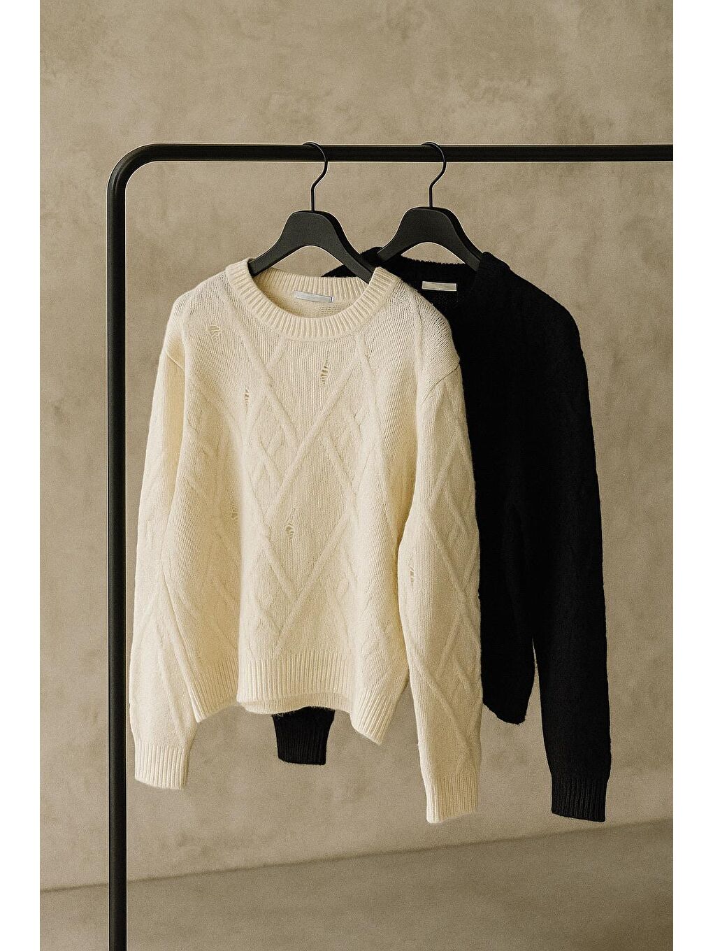 Erkek Oversize Desenli Triko Kazak Ekru-2