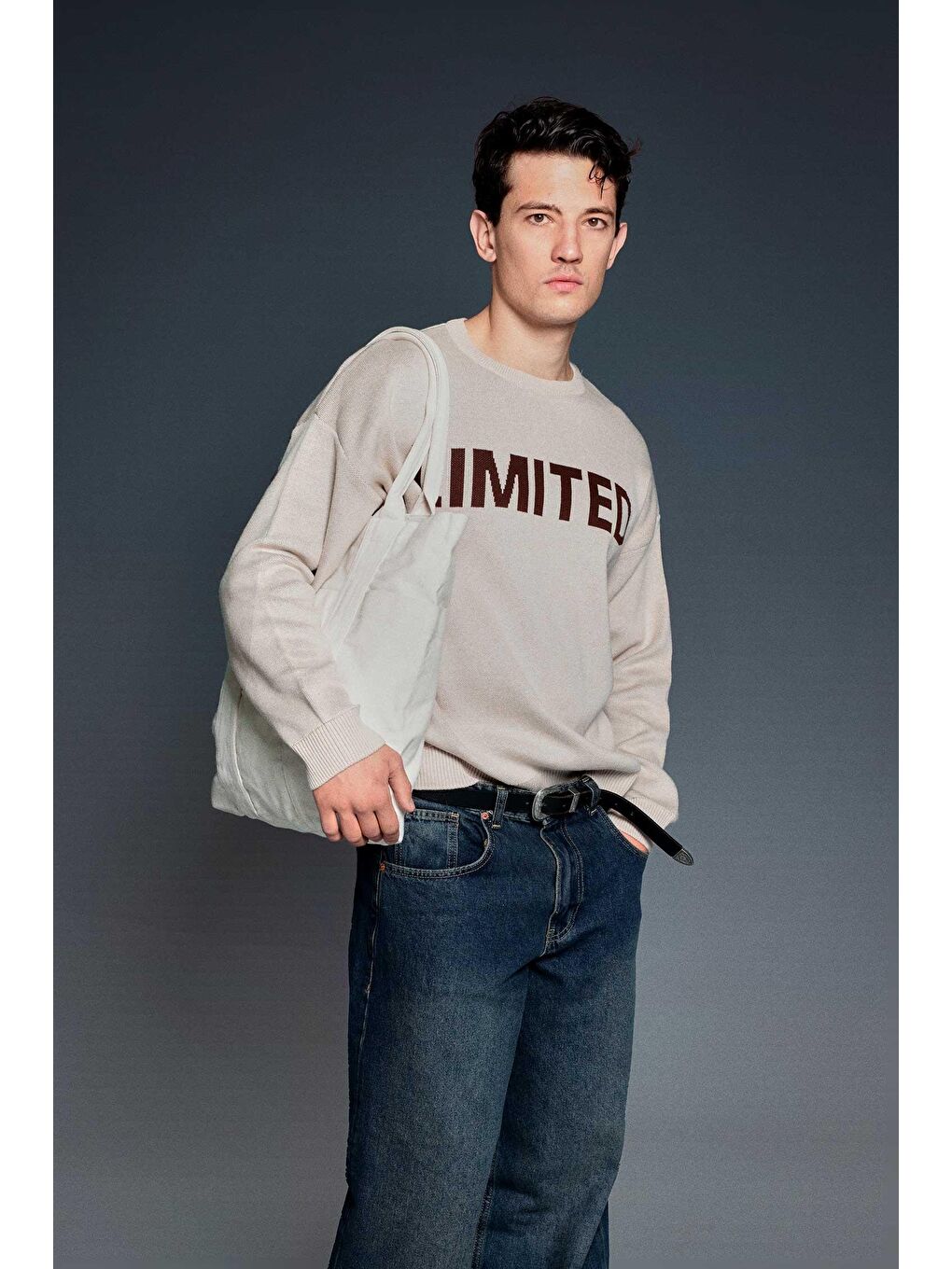 Bej Erkek Oversize Limıted Yazılı Triko Kazak Taş Rengi-2