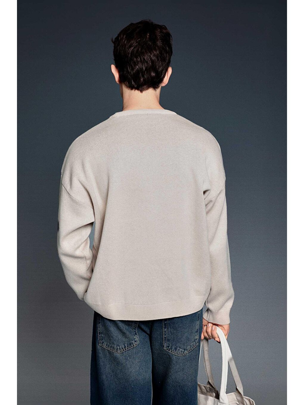 Bej Erkek Oversize Limıted Yazılı Triko Kazak Taş Rengi-3