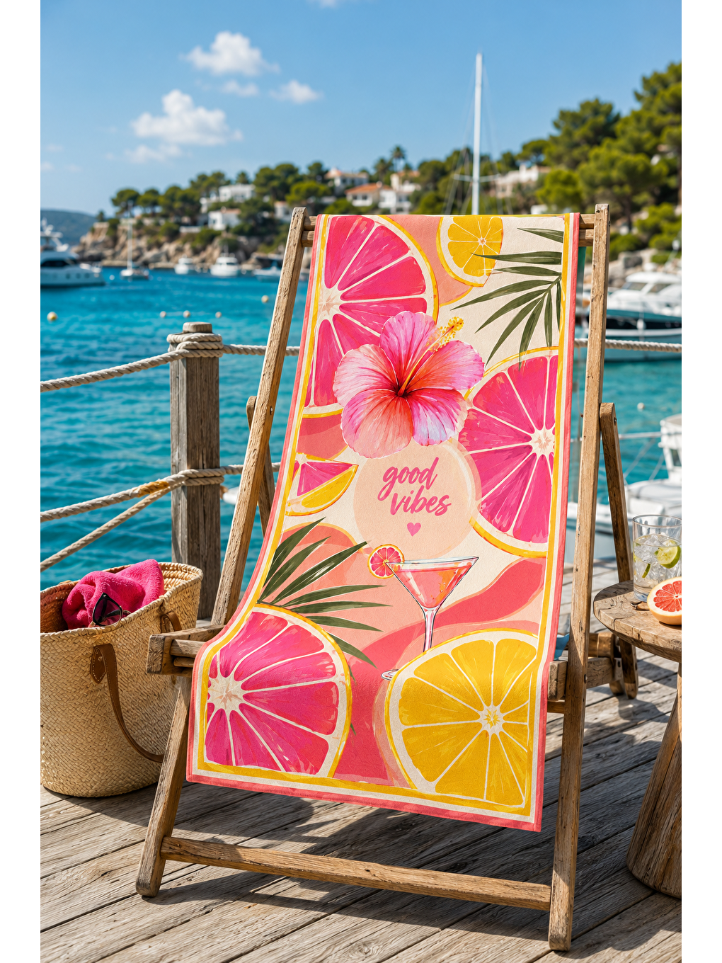 Pembe Greyfurt Ve Hibiskus Desenli 70x150 Plaj Havlusu-3