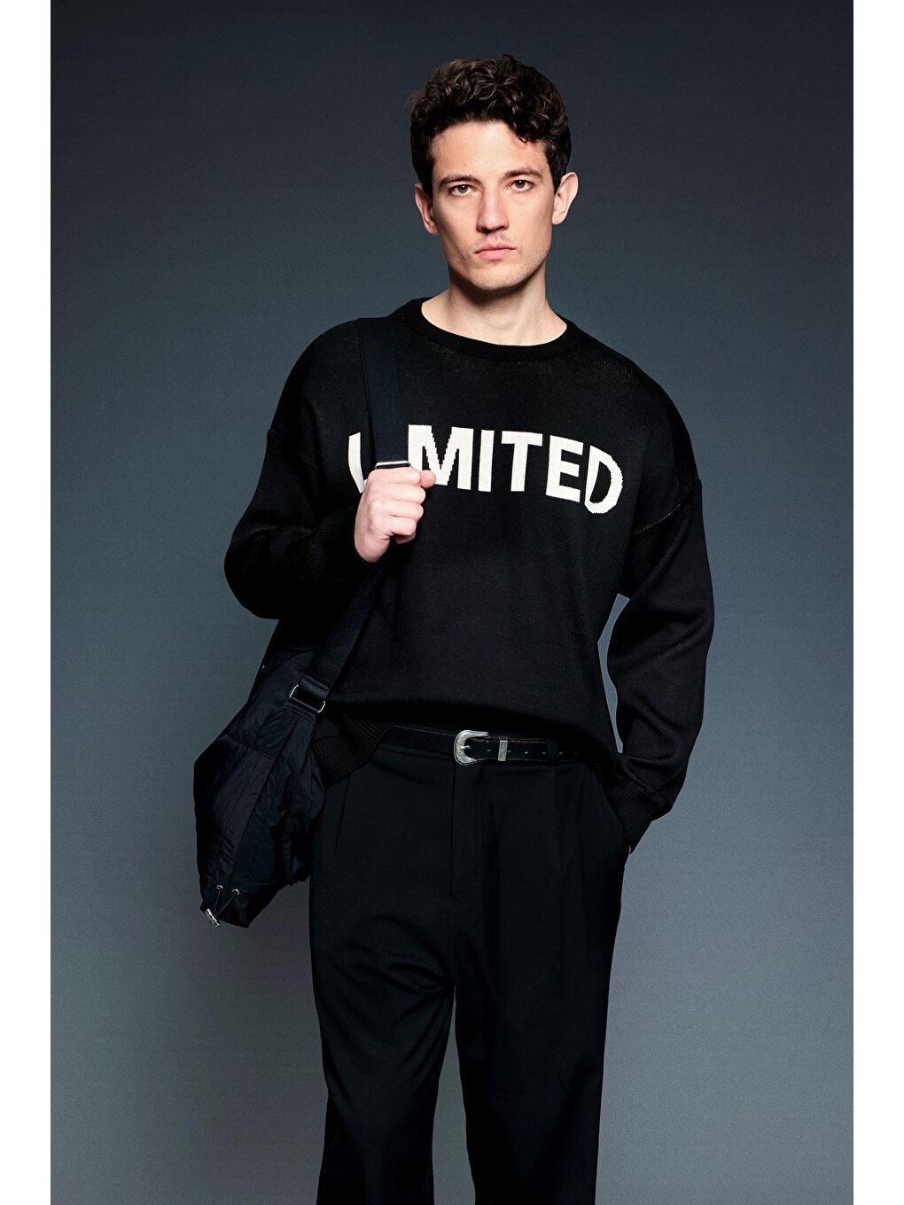 Erkek Oversize Limıted Yazılı Triko Kazak Siyah