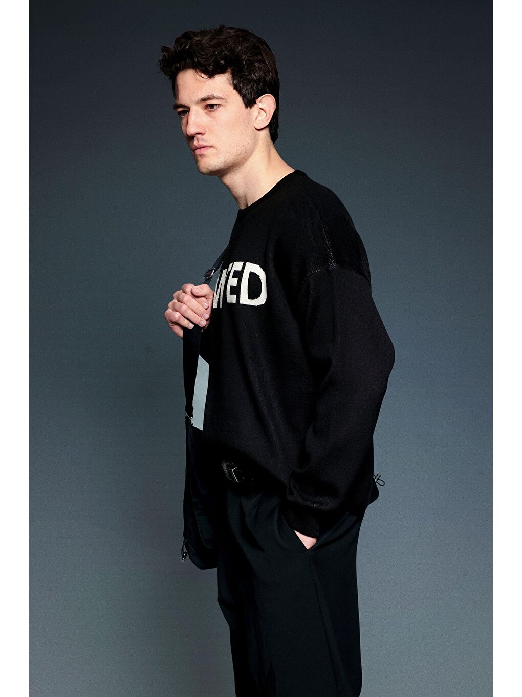 Erkek Oversize Limıted Yazılı Triko Kazak Siyah-1