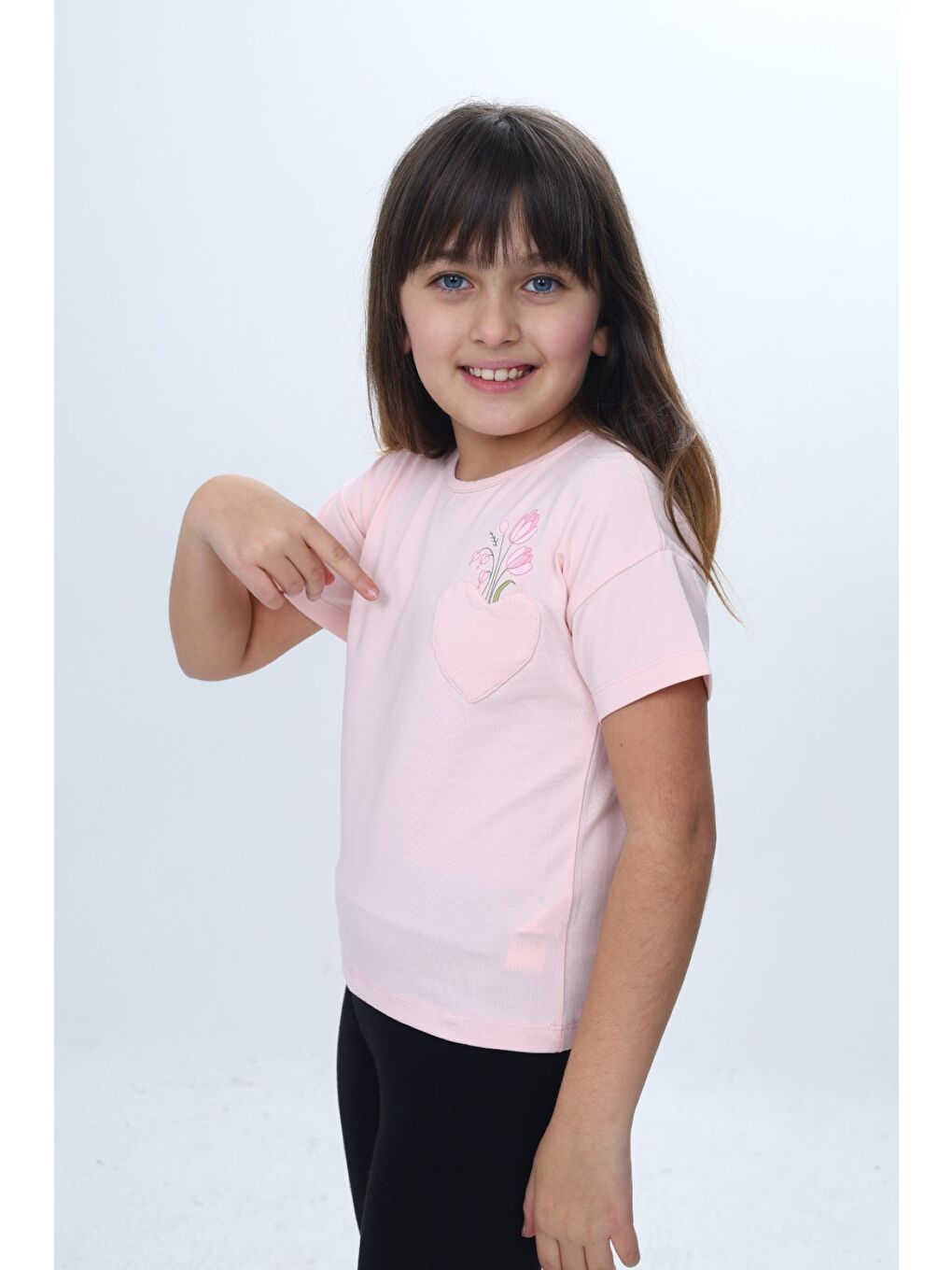 Pembe Kız Çocuk Baskılı  Bisiklet Yaka Düşük Omuz  Kısa Kollu Tişört & Cep Detaylı 25007-1