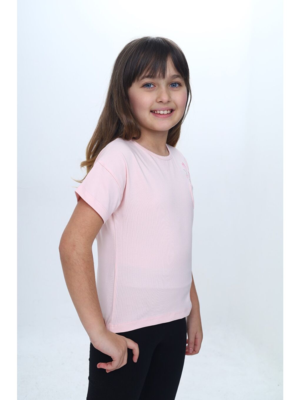 Pembe Kız Çocuk Baskılı  Bisiklet Yaka Düşük Omuz  Kısa Kollu Tişört & Cep Detaylı 25007-2