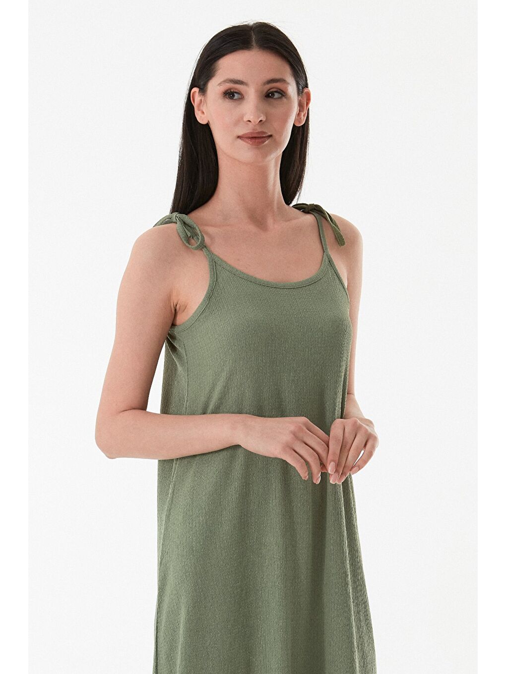 Haki Bürümcük Kumaş Askısı Bağlamalı Elbise-1