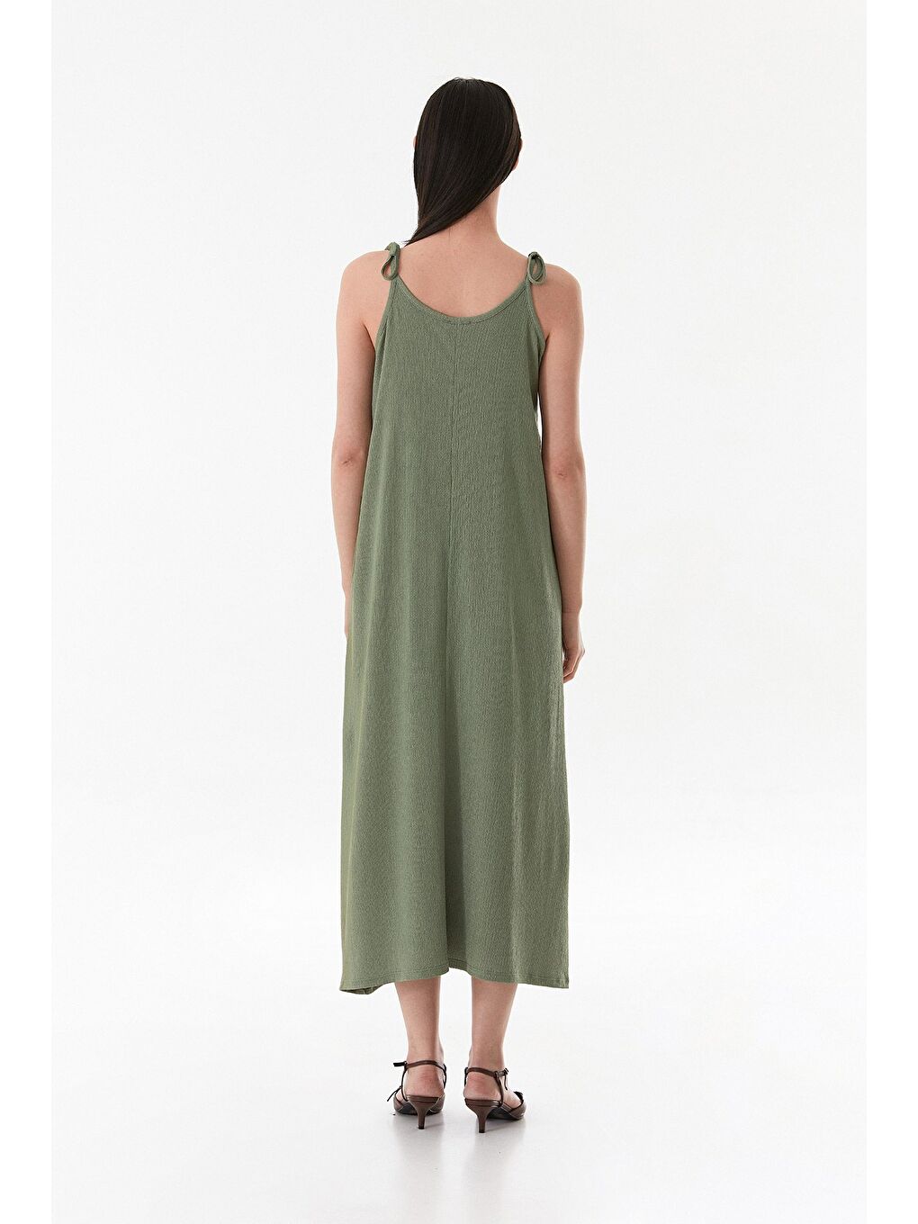 Haki Bürümcük Kumaş Askısı Bağlamalı Elbise-3