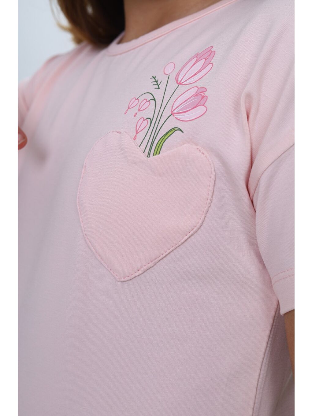 Pembe Kız Çocuk Baskılı  Bisiklet Yaka Düşük Omuz  Kısa Kollu Tişört & Cep Detaylı 25007-3