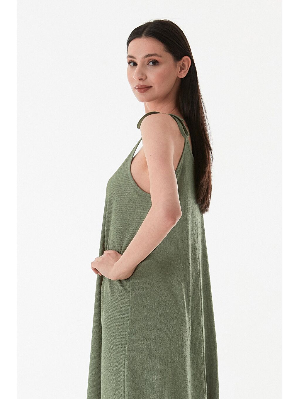 Haki Bürümcük Kumaş Askısı Bağlamalı Elbise-4