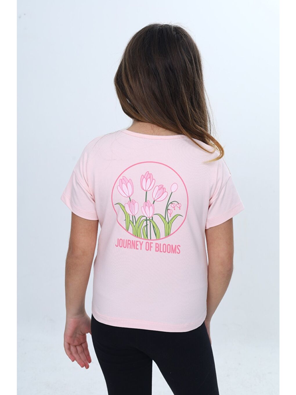 Pembe Kız Çocuk Baskılı  Bisiklet Yaka Düşük Omuz  Kısa Kollu Tişört & Cep Detaylı 25007-4