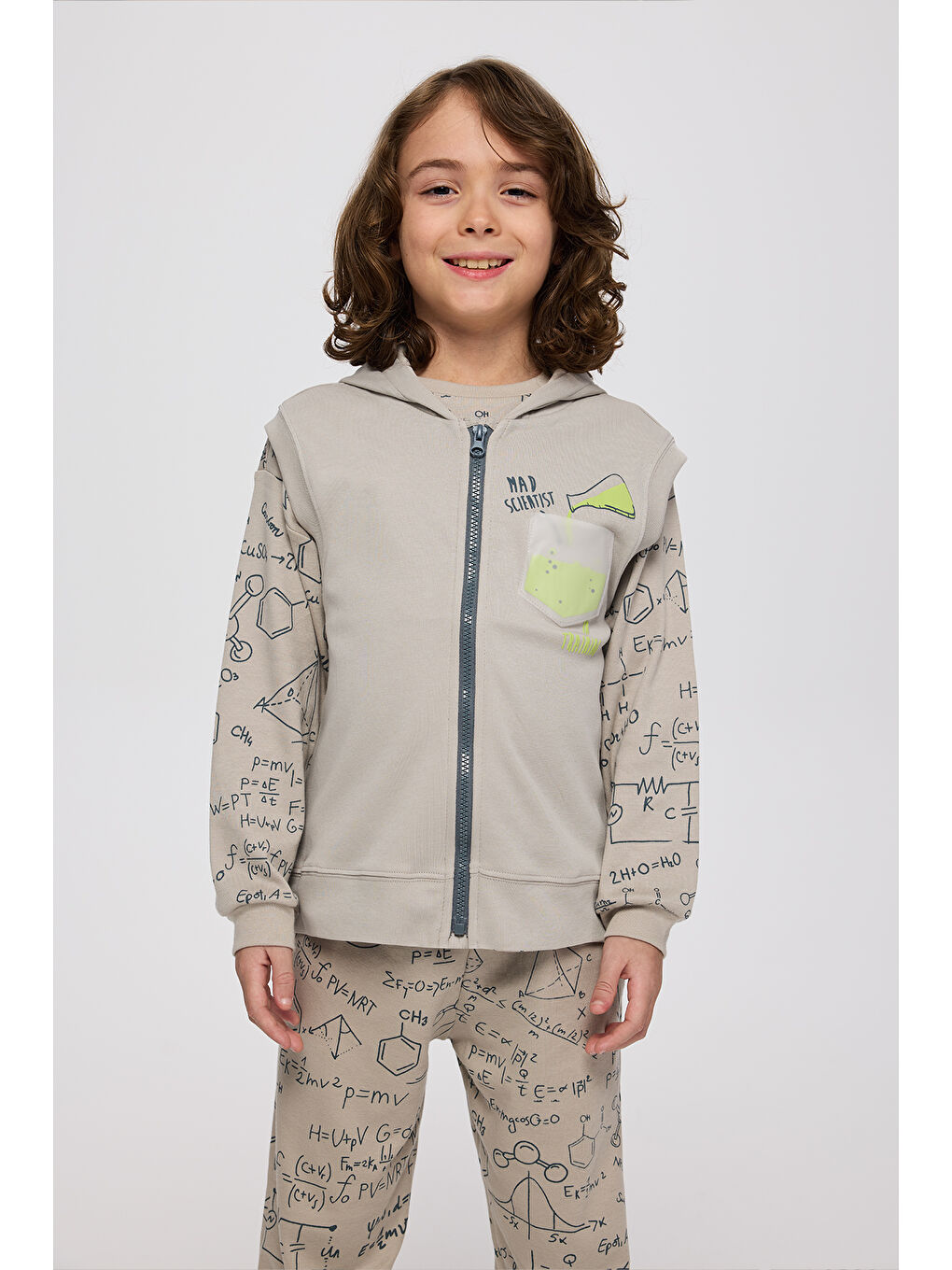 Bej Erkek Çocuk Baskı Detaylı Örme Yelek Taş-4