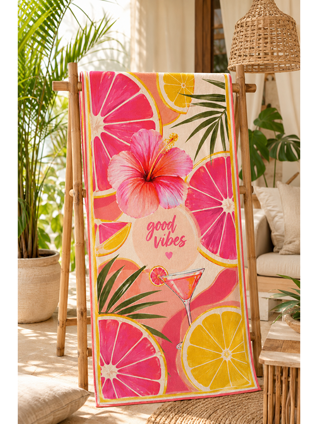 Pembe Greyfurt Ve Hibiskus Desenli 70x150 Plaj Havlusu-4