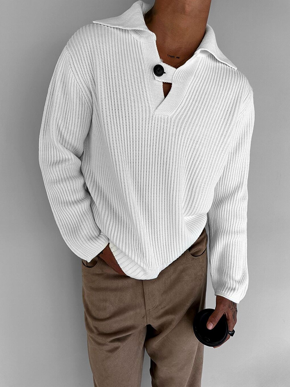 Erkek Oversize Düğmeli Çizgili Kazak Ekru-1