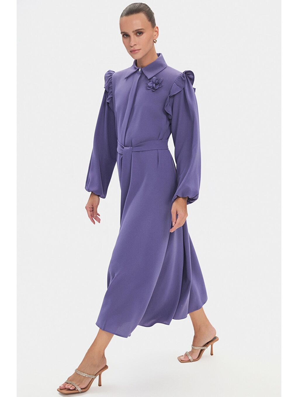Lila Kadın Gömlek Yaka Balon Kol Fırfır Detaylı Elbise-1