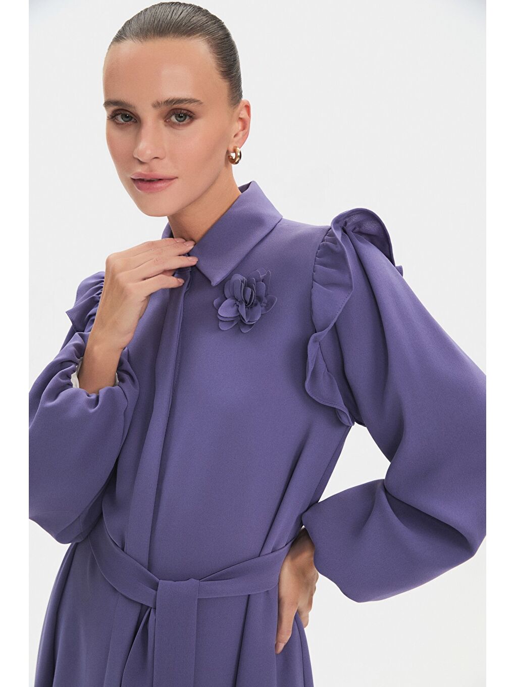 Lila Kadın Gömlek Yaka Balon Kol Fırfır Detaylı Elbise-3