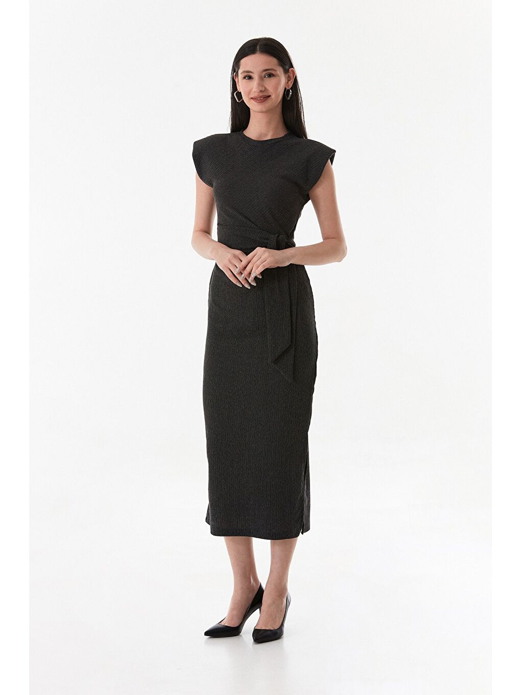 Antrasit Bürümcük Kumaş Önü Bağlamalı Vatkalı Elbise-2