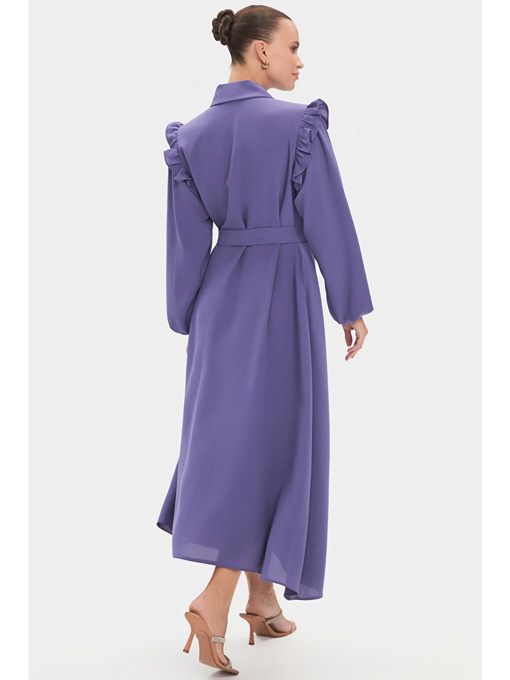 Lila Kadın Gömlek Yaka Balon Kol Fırfır Detaylı Elbise-4