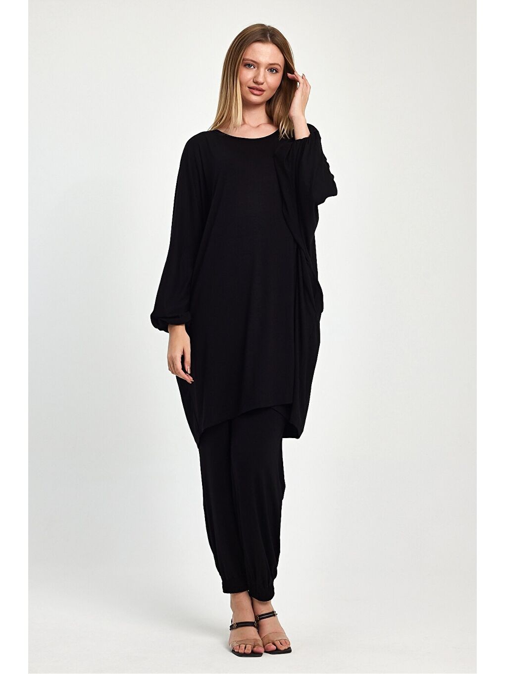 Siyah Yarasa Kol Geniş Kalıp Penye Viskon İkili Takım-1