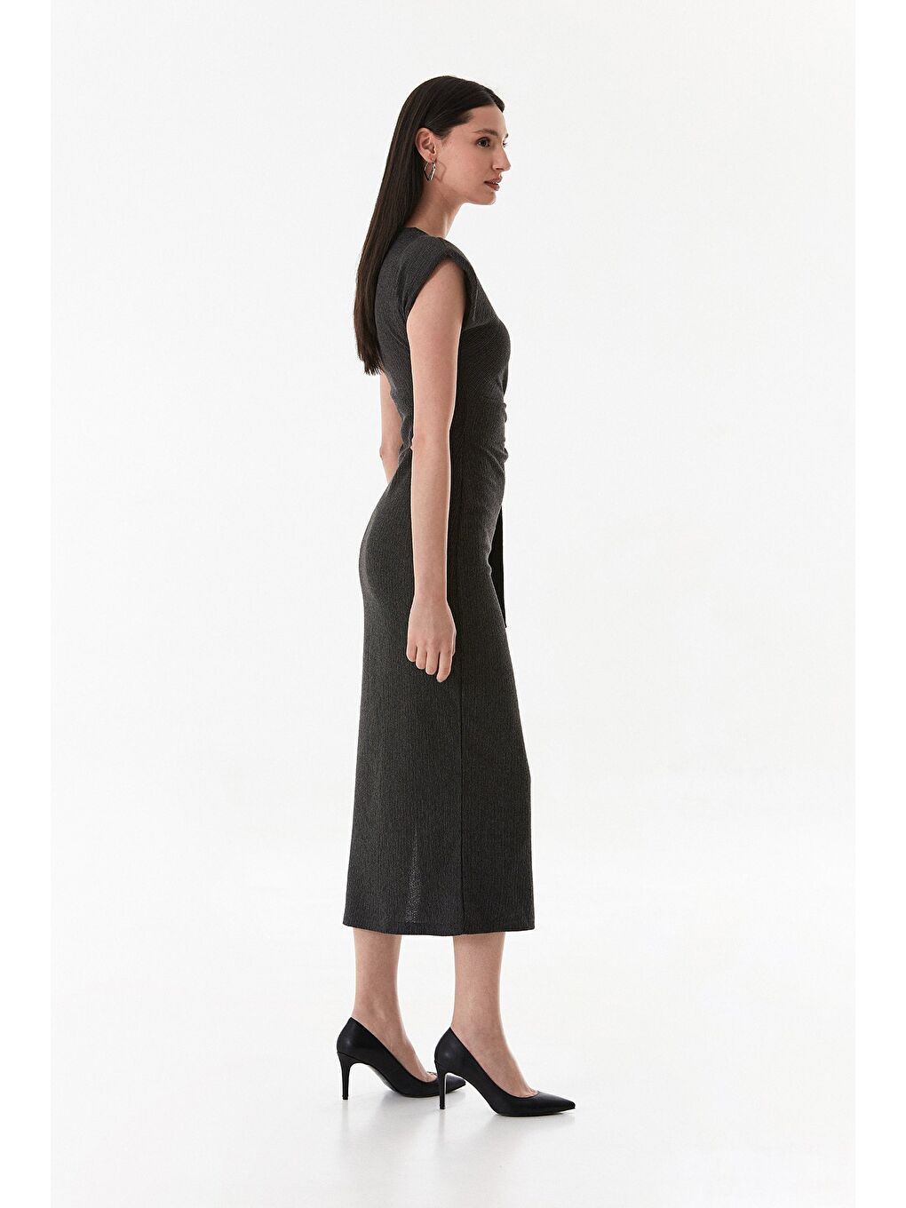 Antrasit Bürümcük Kumaş Önü Bağlamalı Vatkalı Elbise-4