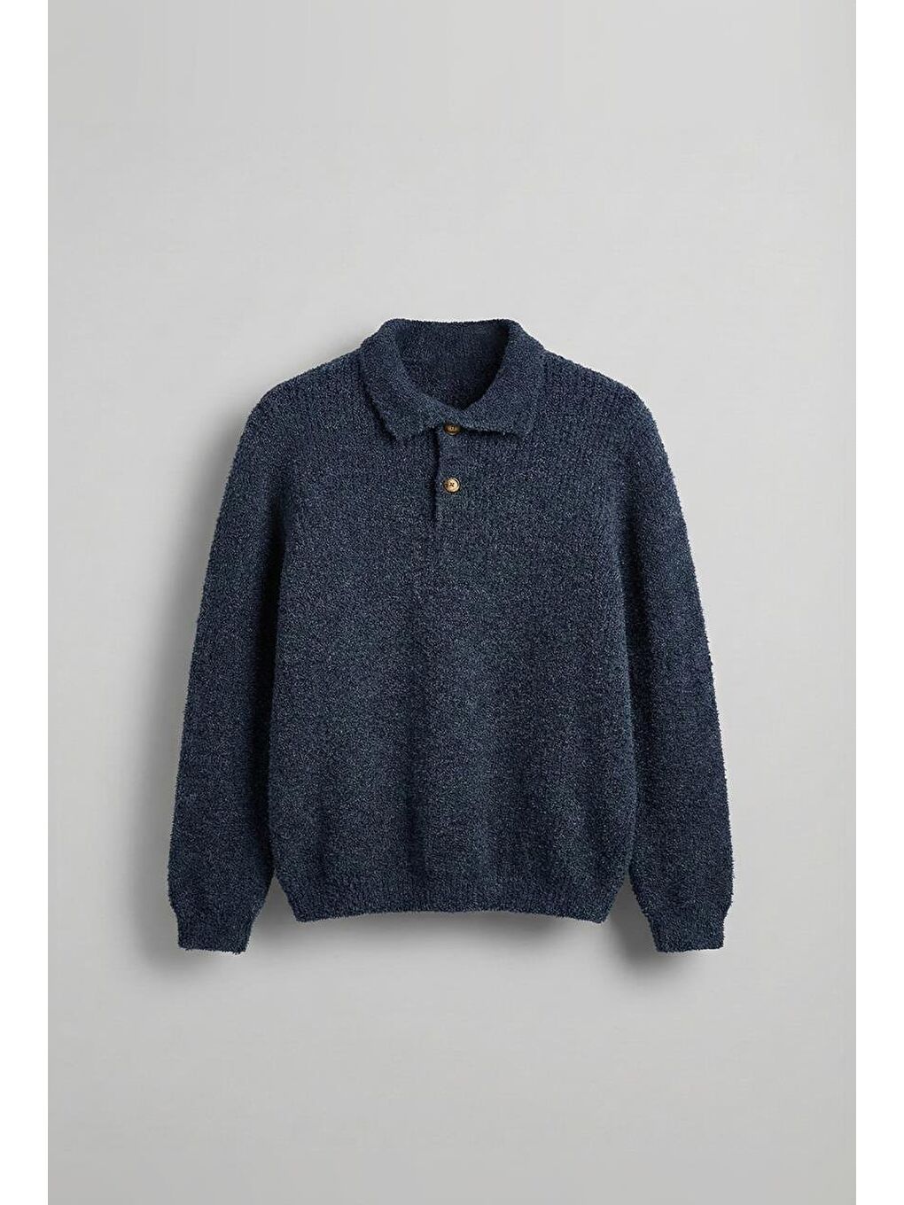 Erkek Relax Fit Düğmeli Dokulu Kazak Lacivert-1