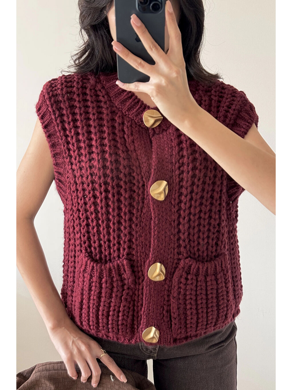 Kadın Bordo Kalın Örgü Yelek 1014-2395