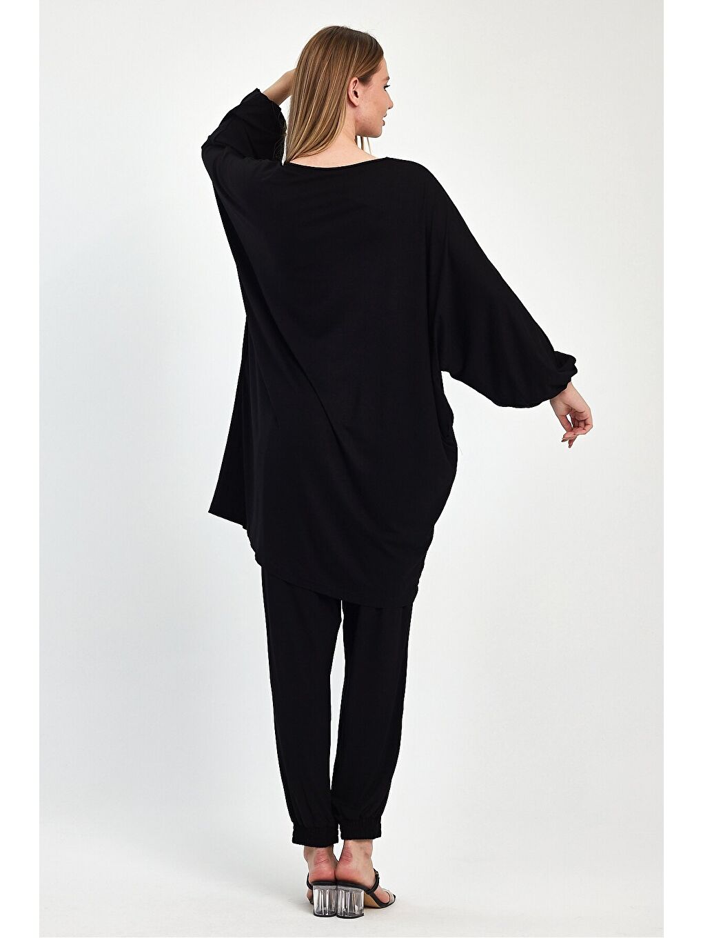 Siyah Yarasa Kol Geniş Kalıp Penye Viskon İkili Takım-2