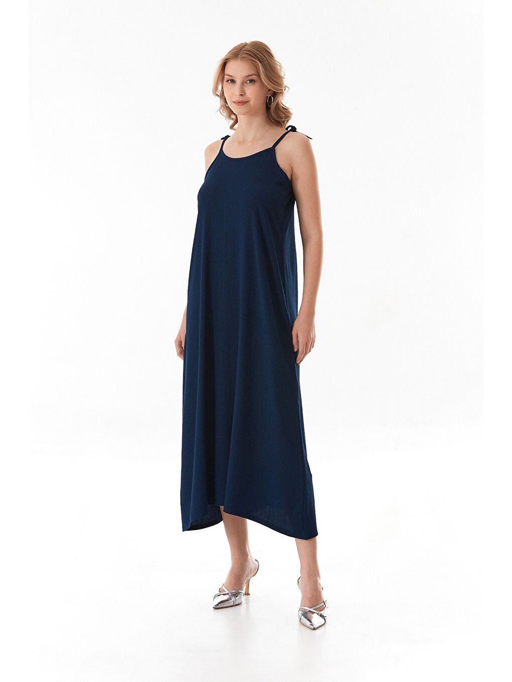 Lacivert Bürümcük Kumaş Askısı Bağlamalı Elbise-2