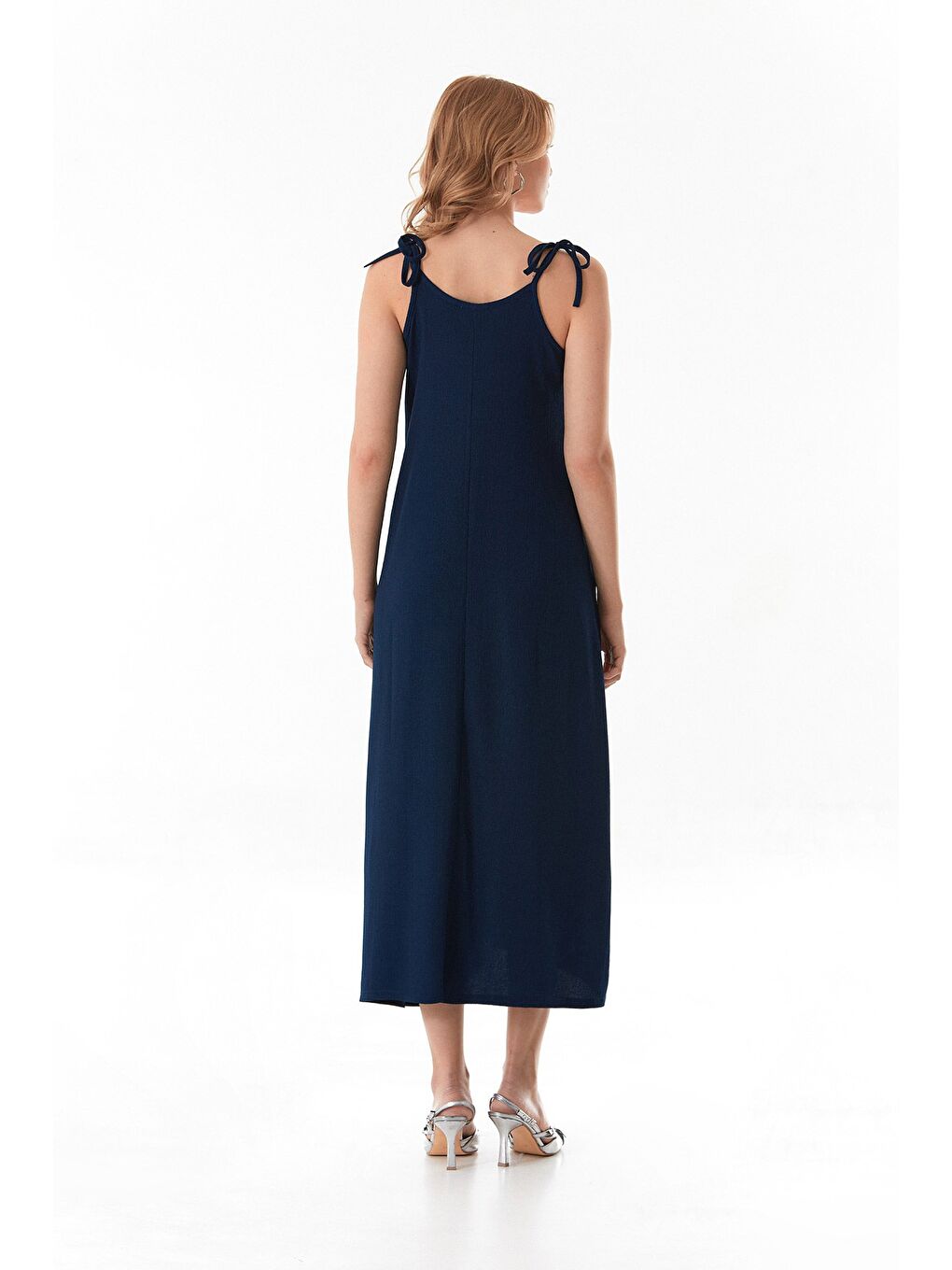 Lacivert Bürümcük Kumaş Askısı Bağlamalı Elbise-3