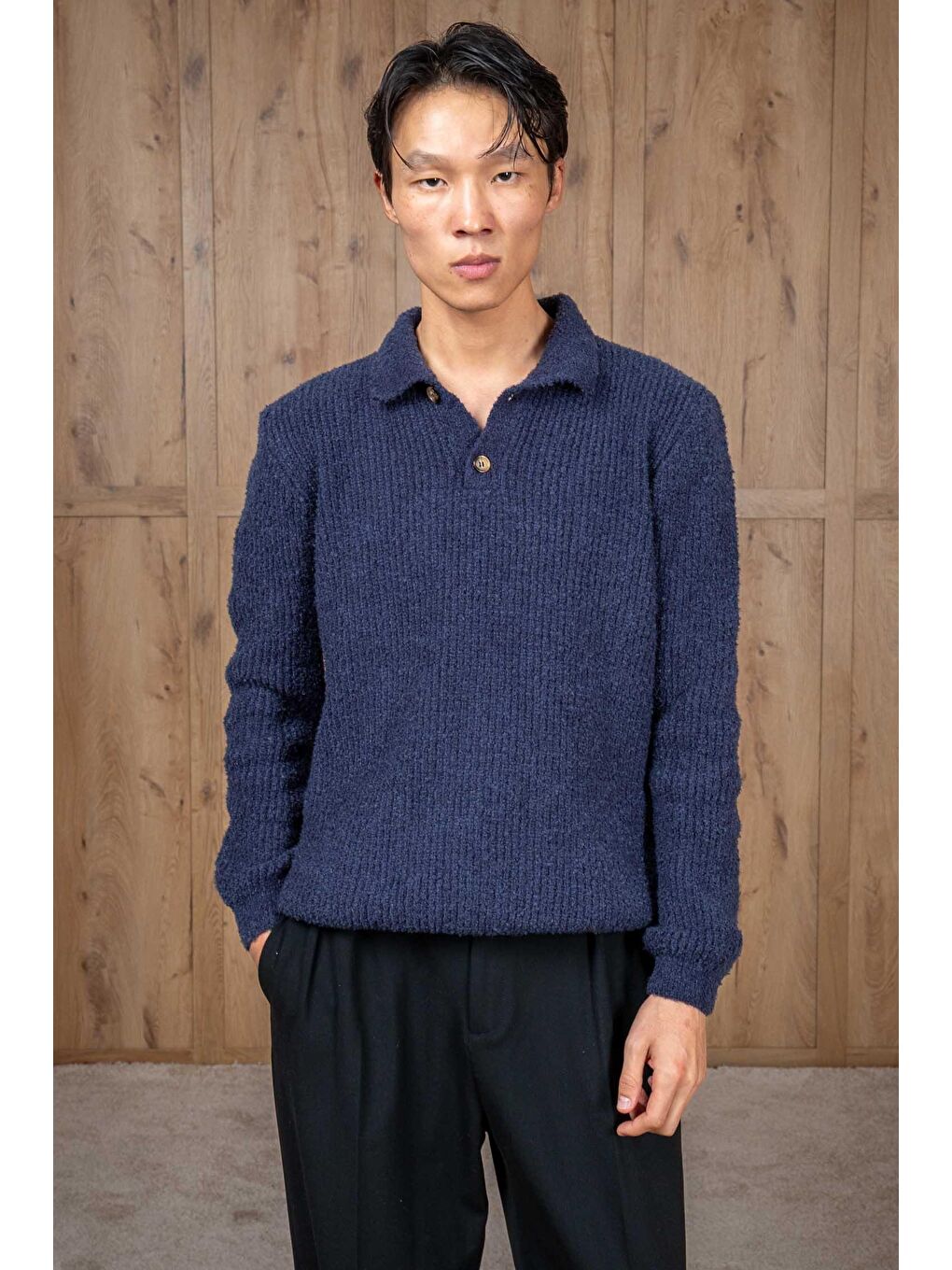 Erkek Relax Fit Düğmeli Dokulu Kazak Lacivert