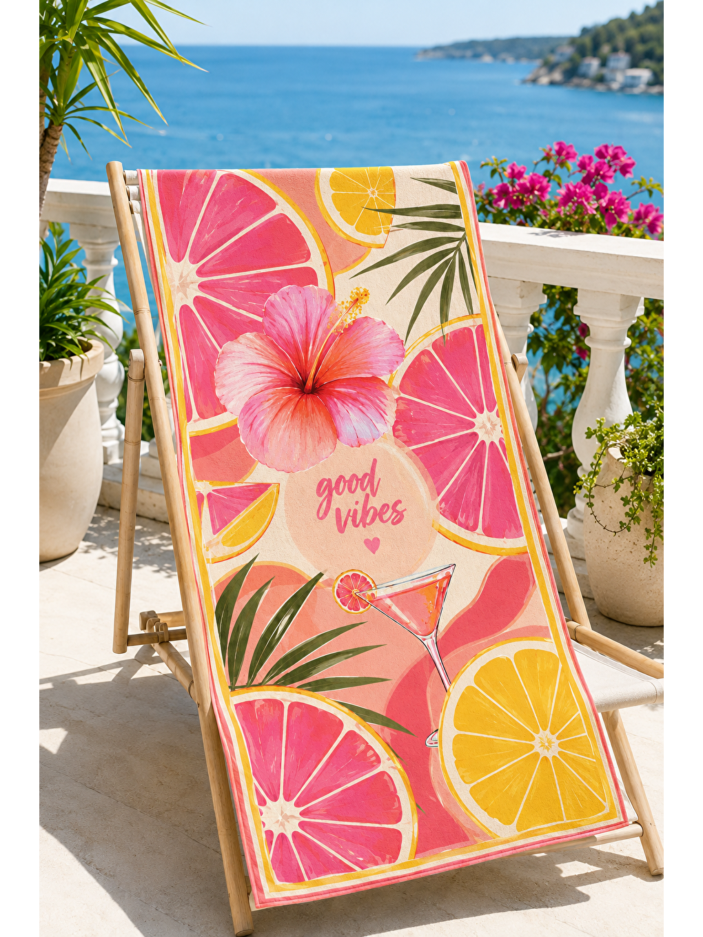 Pembe Greyfurt Ve Hibiskus Desenli 70x150 Plaj Havlusu-5