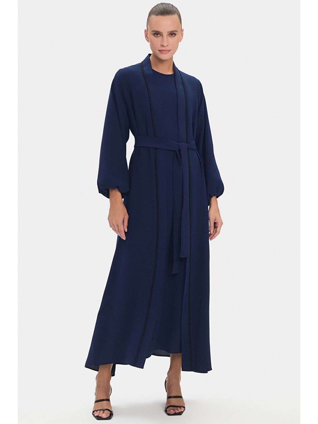 Lacivert Kadın Taş Detaylı Balon Kol Abaya